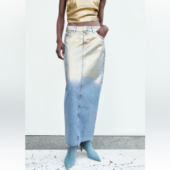 ZARA Z1975 GOLD METALLIC DENIM SKIRT - Picture 6 of 8